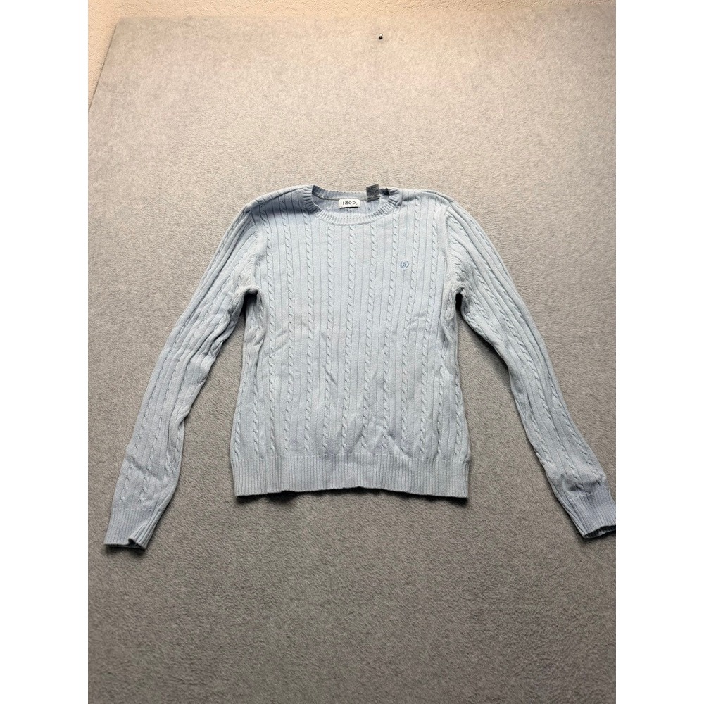 IZOD Womens Light Blue Cable Knit Crew Neck Long Sleeve Sweater Logo Crest